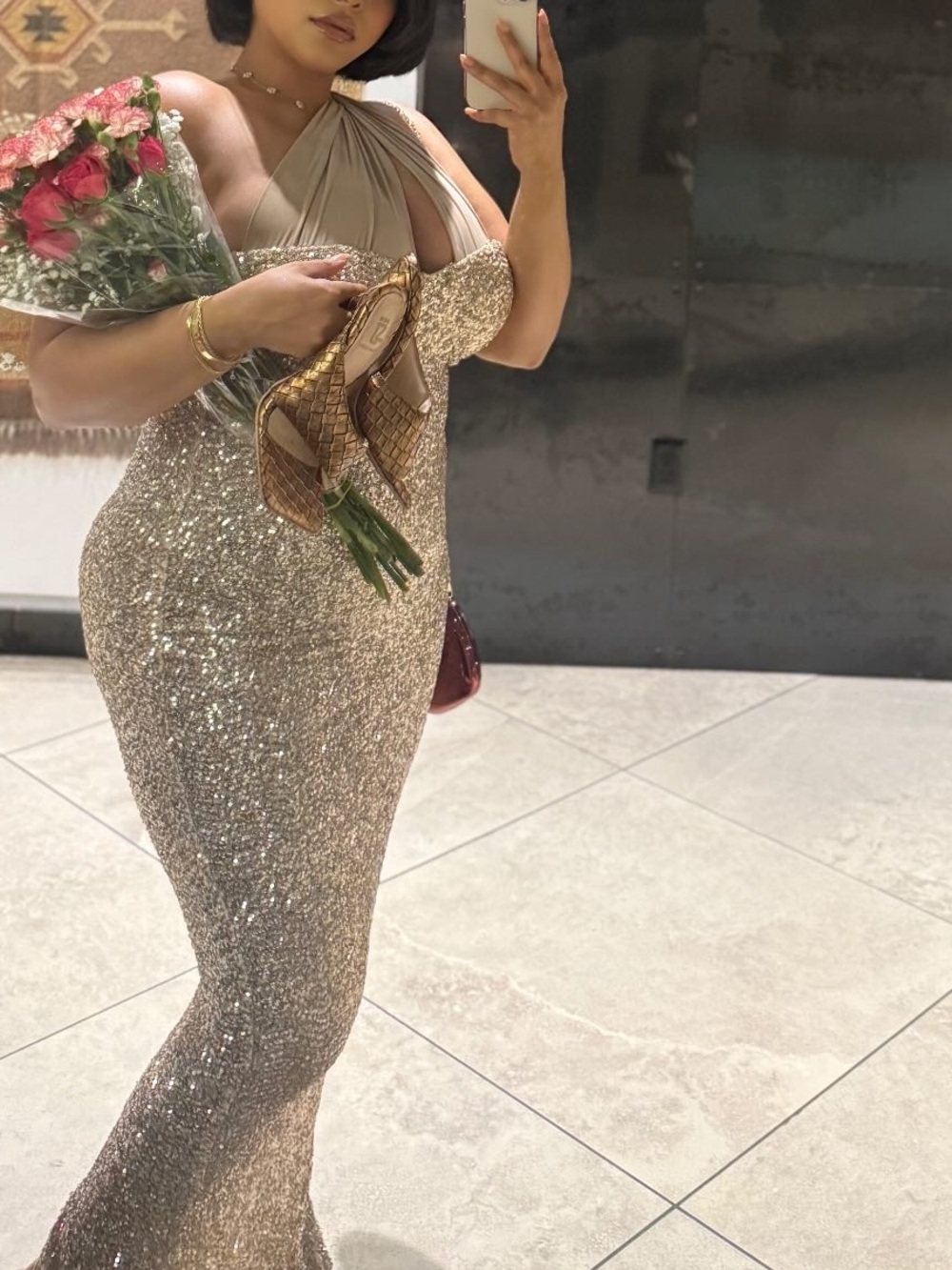 Women’s Gold Sequin One-Shoulder Evening Dress